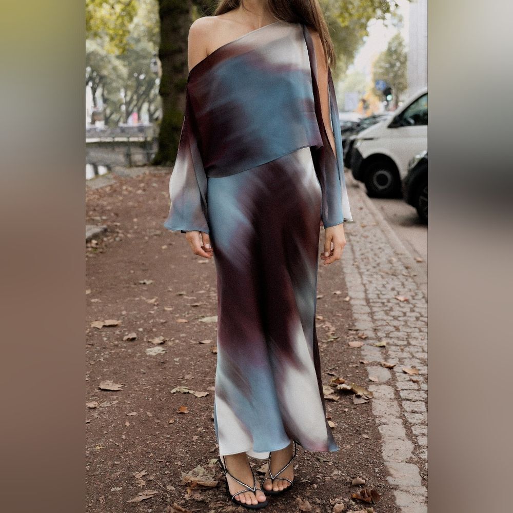 NWT ZARA SATIN print midi dress with cape blue and brown Included Cape - Picture 10 of 15